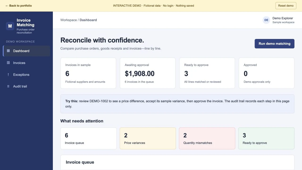 Isolated demo with invented suppliers, invoices and amounts.