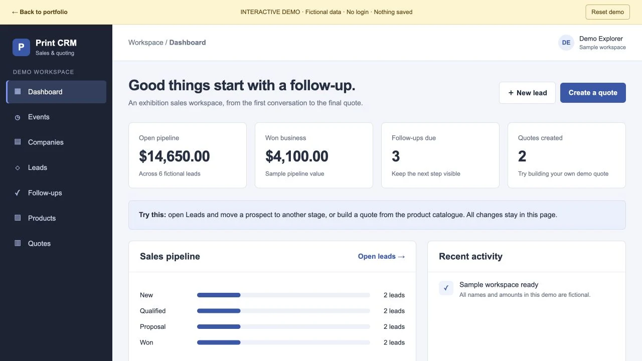 Standalone CRM demonstration. All visible records and amounts are fictional.