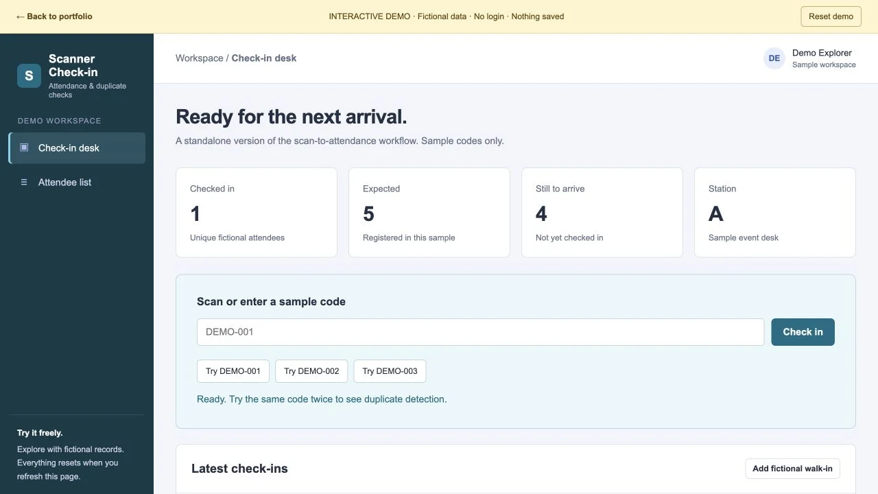 Running scanner demo using fictional attendees and sample identifiers.